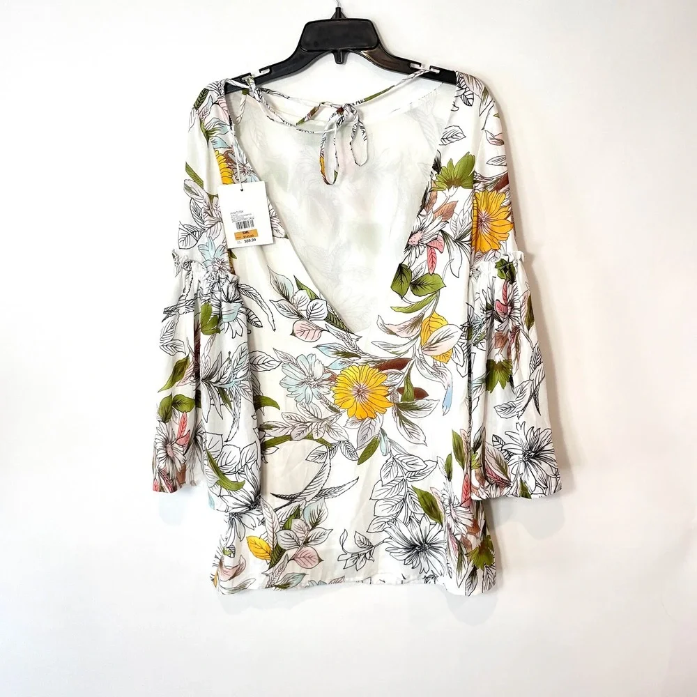 AVANTLOOK Mini Floral Dress Womens Size‎ S White Bell Sleeves V-Back Zip NEW
